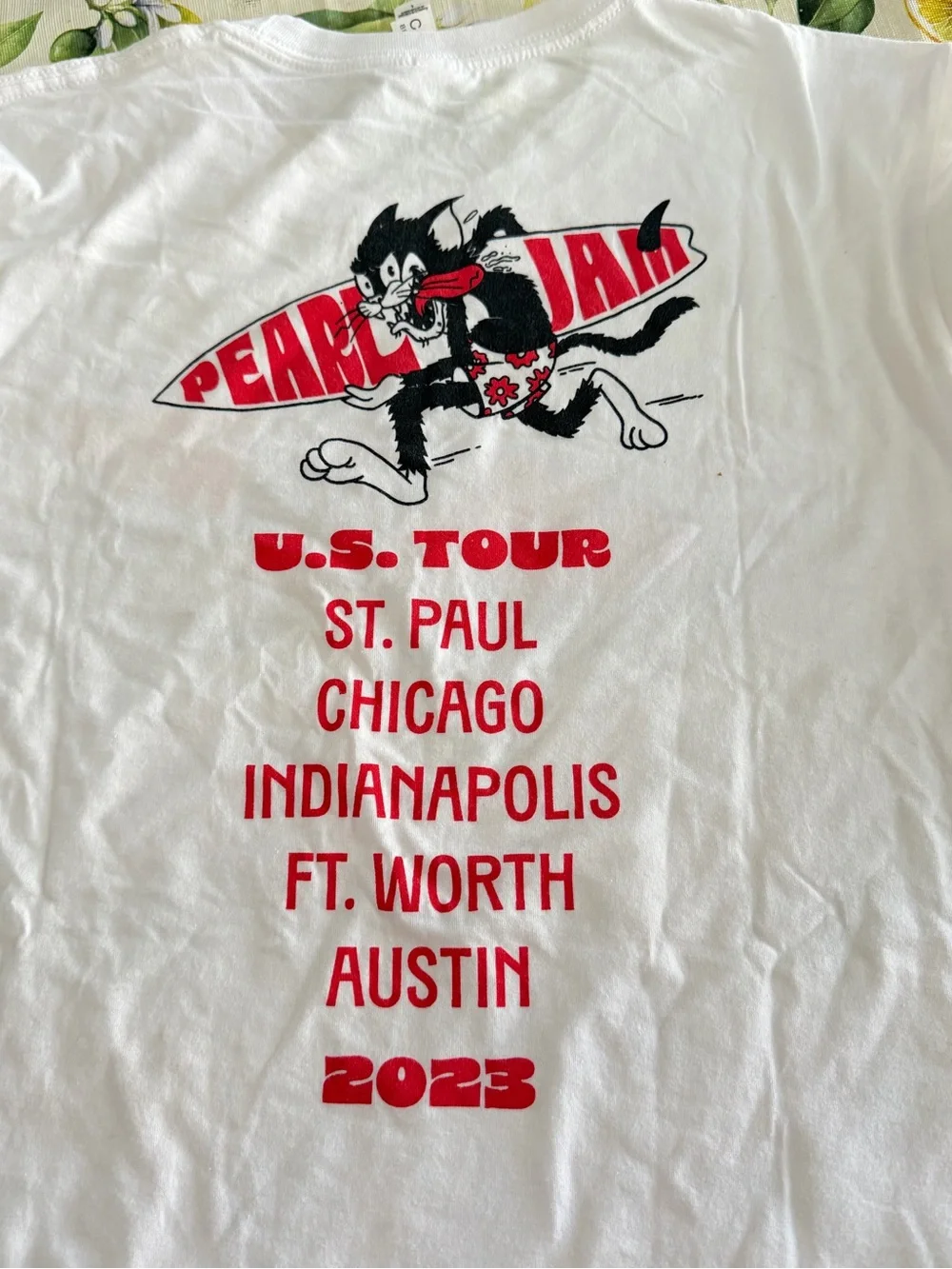 Pearl Jam White Tee with Red & Black Surfing Cat Graphic